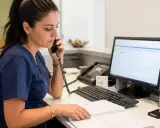 Impiegata studio medico al telefono, consulta un registro e il computer per gestire appuntamenti e richieste.