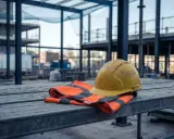 Elmetto giallo e giubbotto ad alta visibilità su impalcature. Simbolo di sicurezza sul lavoro, in attesa della chiusura infortunio INAIL e del relativo pagamento.