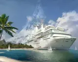 Un'isola tropicale con palme e montagne sullo sfondo, dove una nave da crociera gigante offre l'opportunità di lavorare sulle navi da crociera.