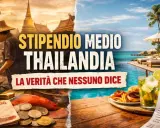 Stipendio medio Thailandia: contrasto tra cibo di strada, banconote e lusso di resort con cocktail e hamburger.
