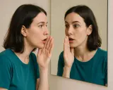 Donna si sussurra qualcosa allo specchio, un dialogo interiore che esplora la psicologia del parlare velocemente.