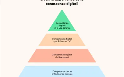 Piramide delle competenze digitali: cittadinanza, lavoratori, specialistiche TIC, e-Leadership. Fondamentali per le professioni digitali più richieste.