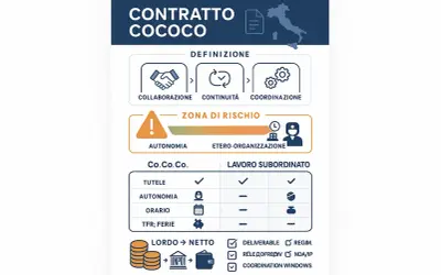 Schema che illustra il contratto di collaborazione coordinata e continuativa (Co.Co.Co.), evidenziando collaborazione, continuità, coordinazione, autonomia e rischio.