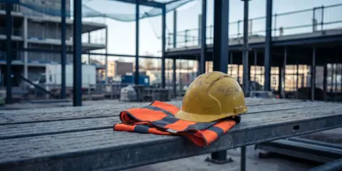 Elmetto giallo e giubbotto ad alta visibilità su impalcature. Simbolo di sicurezza sul lavoro, in attesa della chiusura infortunio INAIL e del relativo pagamento.