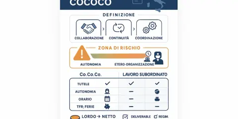 Schema che illustra il contratto di collaborazione coordinata e continuativa (Co.Co.Co.), evidenziando collaborazione, continuità, coordinazione, autonomia e rischio.