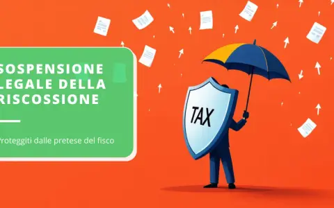 Figura stilizzata con scudo "TAX" e ombrello protegge da documenti volanti. Testo: "Sospensione legale della riscossione".