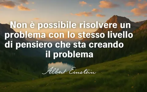 Montagne maestose e lago sereno incorniciano frasi di chiusura di Albert Einstein: "Non è possibile risolvere un problema con lo stesso livello di pensiero che sta creando il problema.