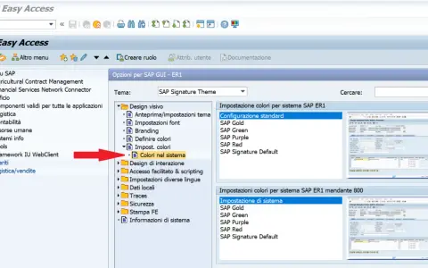 Interfaccia SAP Easy Access, con freccia rossa che indica "Colori nel sistema". Utile per un corso SAP gratuito.