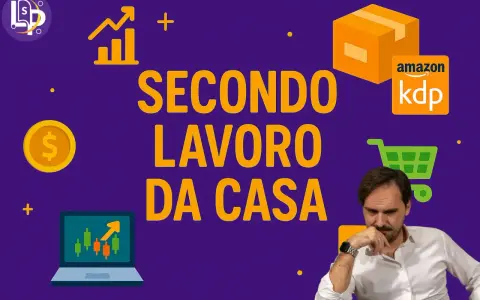 Uomo pensieroso con grafici, soldi e pacco Amazon KDP. Un'immagine che ispira il tuo **secondo lavoro da casa**.