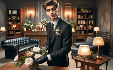 Giovane uomo in abito scuro sistema fiori, forse riflettendo su quanto guadagna un becchino in questo elegante ambiente.