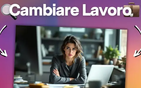 Donna pensierosa davanti a un laptop, con la scritta "Cambiare Lavoro" in alto. È ora di valutare perchè cambiare lavoro.
