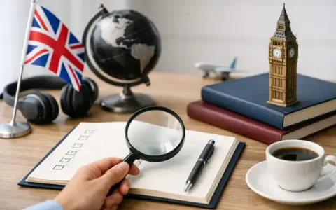 Tutto pronto per un corso di inglese gratuito: bandiera UK, Big Ben, globo, cuffie e un quaderno da studiare.