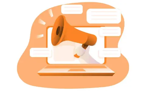Un megafono arancione esce da un laptop, circondato da fumetti. Ideale per corsi di web marketing e comunicazione digitale.