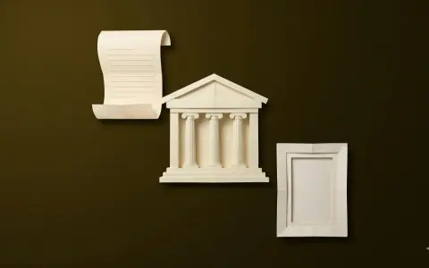 Un rotolo di pergamena, un edificio con colonne e una cornice vuota, simboli di un lavoro in un museo che preserva la storia.