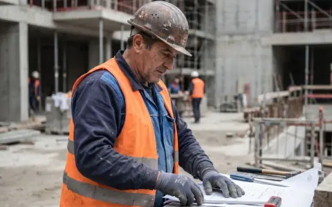 Operaio edile con casco e giubbotto arancione esamina un progetto. Si interroga sul pagamento infortunio INAIL quando arriva.