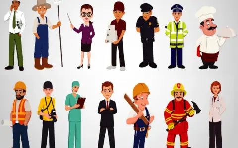 Vari professionisti: ingegnere, contadino, insegnante, fattorino, poliziotto, vigile, cuoco, operaio, fotografo, infermiera, uomo d'affari, carpentiere, pompiere, dottoressa. Lavori ben pagati che nessuno vuole fare?