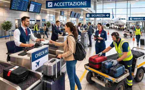 Personale impegnato a lavorare in aeroporto al check-in, con passeggeri e bagagli.