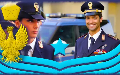 Un ispettore di polizia, uomo e donna, in uniforme, sorridono con orgoglio. Dietro di loro, un'auto di servizio.