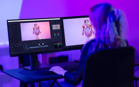 Ragazza studia effetti speciali per video, con monitor che mostra timeline e video. Corsi After Effects per creativi.