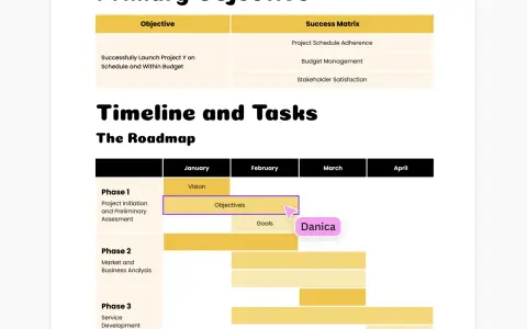 Il documento mostra gli obiettivi primari e la roadmap di un progetto, con fasi e scadenze. Il kick off meeting è imminente.