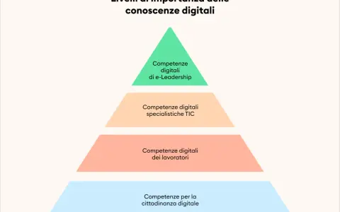 Piramide delle competenze digitali: cittadinanza, lavoratori, specialistiche TIC, e-Leadership. Fondamentali per le professioni digitali più richieste.