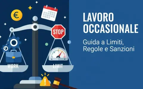 Bilancia con valigetta e ingranaggi da un lato (lavoro) e tachimetro con stop dall'altro (limiti). Titolo: Lavoro Occasionale.