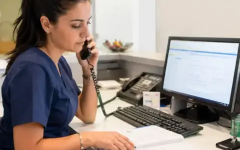 Impiegata studio medico al telefono, consulta un registro e il computer per gestire appuntamenti e richieste.