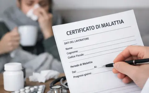Medico compila certificato di malattia per un lavoratore. Sul tavolo, farmaci e stetoscopio, mentre sullo sfondo una persona malata beve una tisana.
