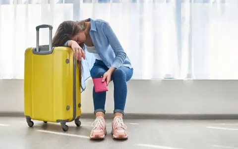 Donna esausta con valigia gialla e passaporto, vorrebbe essere in ferie ma è in malattia.