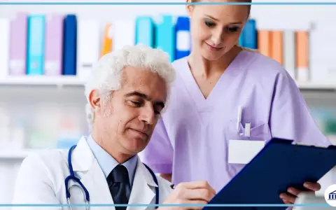 Medico anziano e giovane assistente studiano insieme un referto. Un'immagine che evoca il **corso assistente studio medico**.