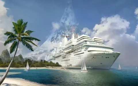 Un'isola tropicale con palme e montagne sullo sfondo, dove una nave da crociera gigante offre l'opportunità di lavorare sulle navi da crociera.