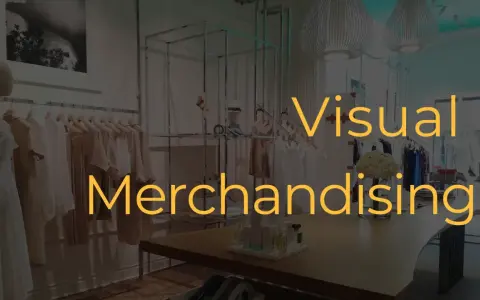 Interno di un negozio di abbigliamento con manichini e abiti in esposizione. Il testo "Visual Merchandising" è sovrapposto.