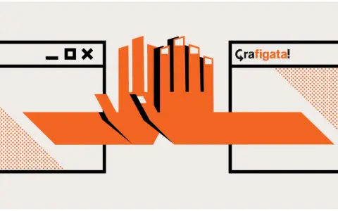 Mani arancioni si uniscono tra finestre digitali, simbolo di un corso graphic design online gratis che apre nuove possibilità creative.