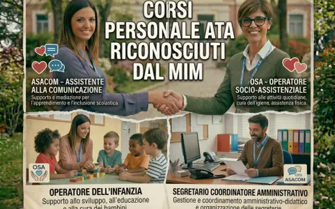 Corsi gratuiti senza diploma per personale ATA, ASACOM e OSA. Formazione riconosciuta dal MIM per lavorare con bambini e anziani.