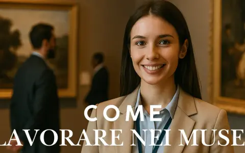 Giovane donna sorridente in un museo, con opere d'arte alle spalle. Il testo "Come lavorare nei musei" suggerisce un percorso professionale.