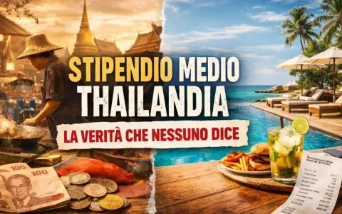 Stipendio medio Thailandia: contrasto tra cibo di strada, banconote e lusso di resort con cocktail e hamburger.