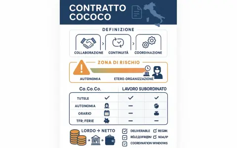 Schema che illustra il contratto di collaborazione coordinata e continuativa (Co.Co.Co.), evidenziando collaborazione, continuità, coordinazione, autonomia e rischio.