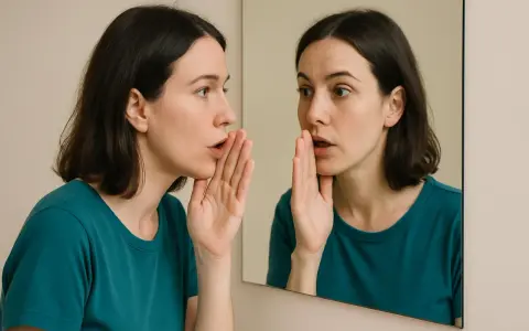 Donna si sussurra qualcosa allo specchio, un dialogo interiore che esplora la psicologia del parlare velocemente.