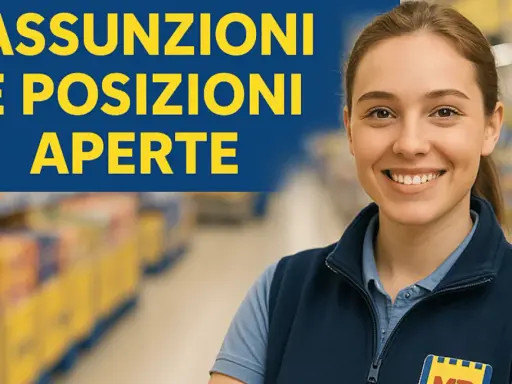 Giovane scaffalista supermercato sorridente, con scritta "Assunzioni e posizioni aperte".