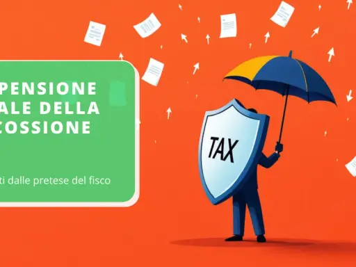 Figura stilizzata con scudo "TAX" e ombrello protegge da documenti volanti. Testo: "Sospensione legale della riscossione".
