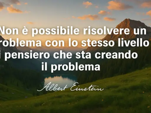 Montagne maestose e lago sereno incorniciano frasi di chiusura di Albert Einstein: "Non è possibile risolvere un problema con lo stesso livello di pensiero che sta creando il problema.