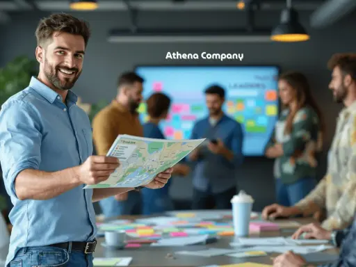 Uomo sorridente con mappa in mano, parte di un team che collabora in ufficio. Il lavoro di squadra è evidente nella dinamica di gruppo.