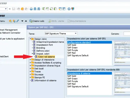 Interfaccia SAP Easy Access, con freccia rossa che indica "Colori nel sistema". Utile per un corso SAP gratuito.