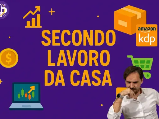 Uomo pensieroso con grafici, soldi e pacco Amazon KDP. Un'immagine che ispira il tuo **secondo lavoro da casa**.
