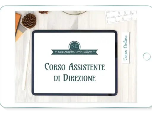 Tablet con "Corso Assistente di Direzione" e logo "Assistente Dalla Zeta".