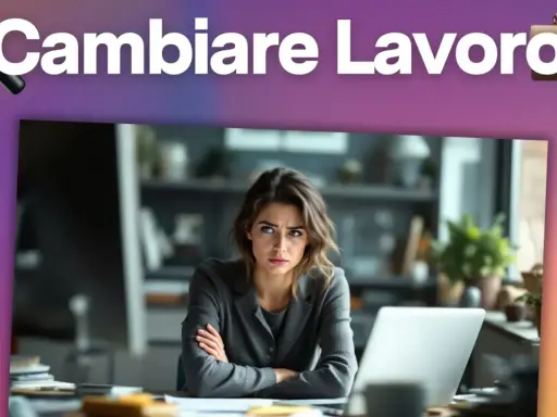 Donna pensierosa davanti a un laptop, con la scritta "Cambiare Lavoro" in alto. È ora di valutare perchè cambiare lavoro.