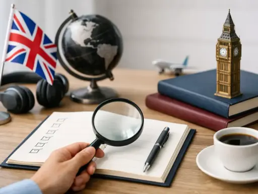 Tutto pronto per un corso di inglese gratuito: bandiera UK, Big Ben, globo, cuffie e un quaderno da studiare.