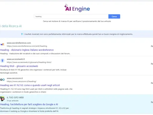 Risultati ricerca AI per "heading", utili per lavori di traduzione online. Ottimizzazione contenuti per Google e AI.