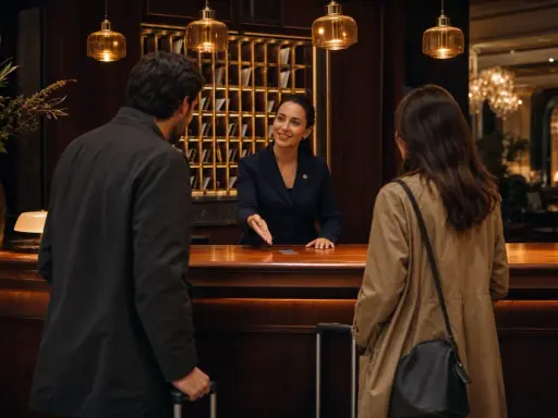Receptionist sorridente offre un servizio impeccabile, dimostrando l'importanza dell'inglese per receptionist in un hotel di lusso.