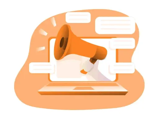 Un megafono arancione esce da un laptop, circondato da fumetti. Ideale per corsi di web marketing e comunicazione digitale.